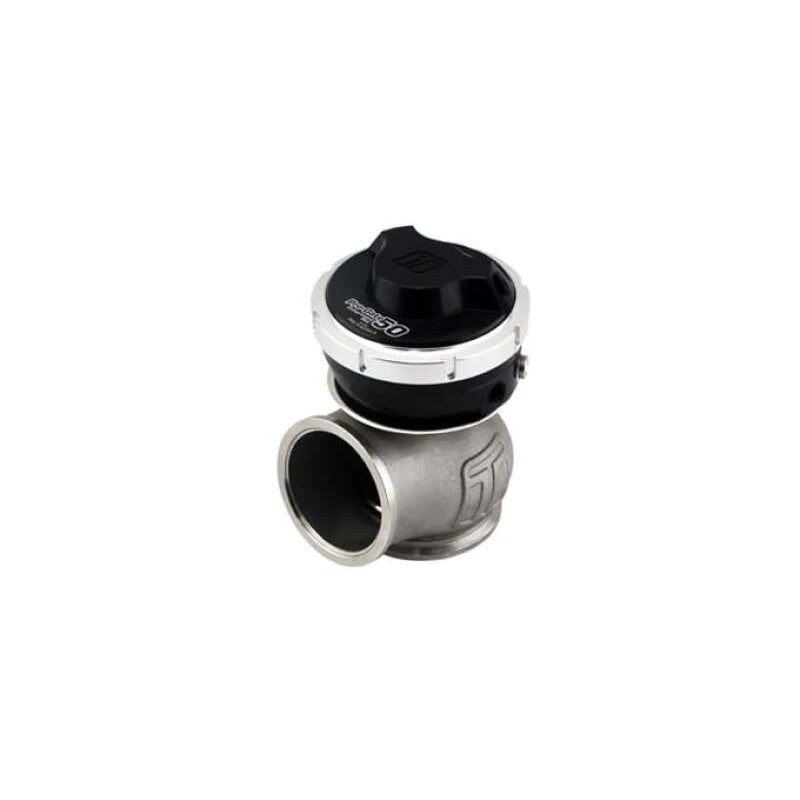 Black Turbosmart Gen-V WG50 Pro-Gate 50 CG external wastegate with 50mm V-band mounting and strap clamps.