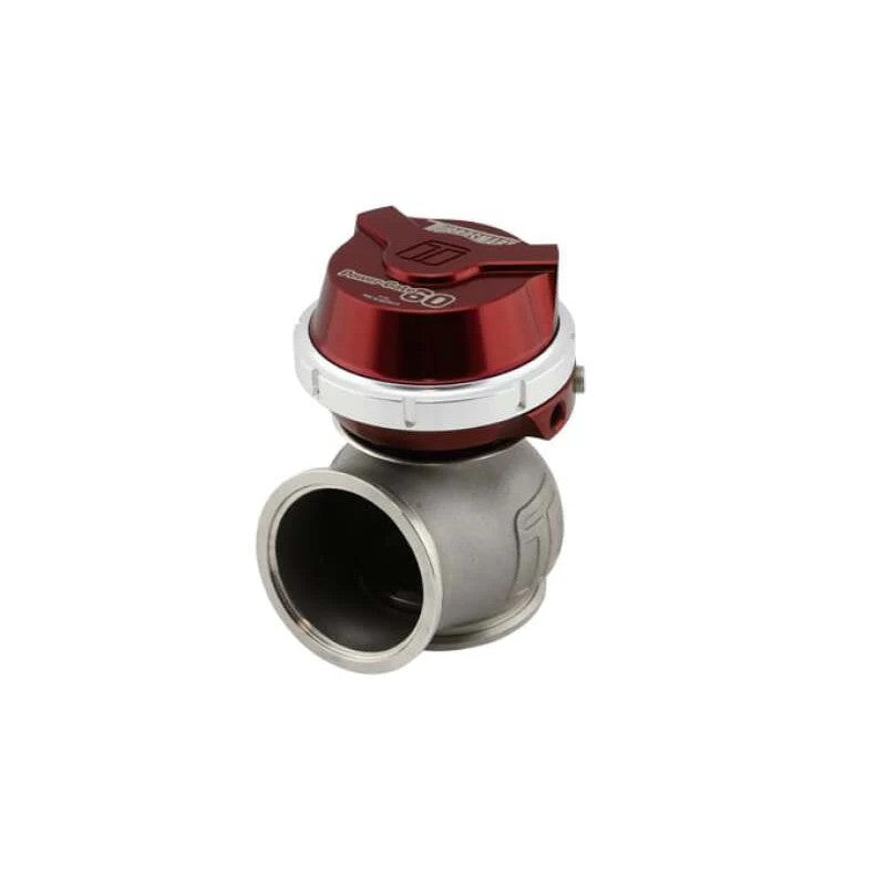 Red Turbosmart Gen-V WG60 Power-Gate 60mm external wastegate with 347 stainless steel body and V-band clamps.