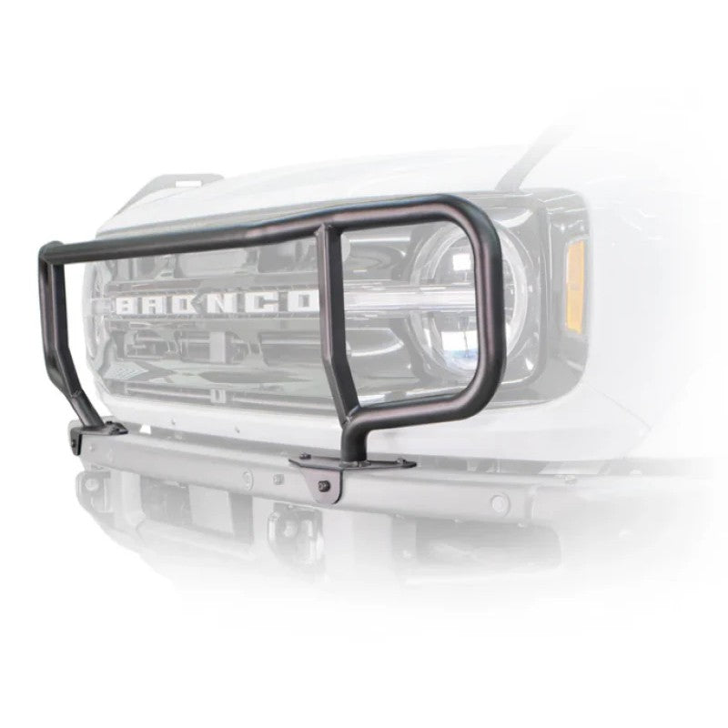 Black powder-coated steel grill guard for Turn Offroad mounted on a Ford Bronco OEM modular bumper.