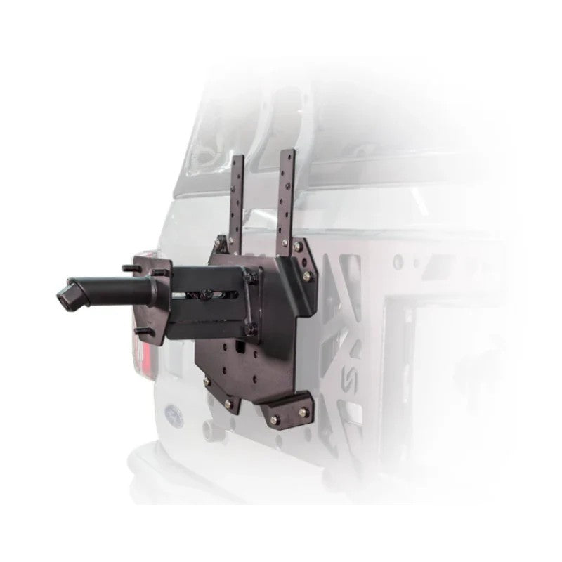 Turn Offroad TC4-M1 adjustable spare tire carrier with integrated camera mount on a 2021-2024 Ford Bronco tailgate.