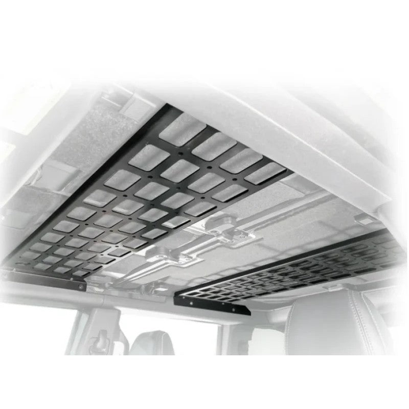 Turn Offroad black steel overhead interior storage rack installed in a Ford Bronco cabin.