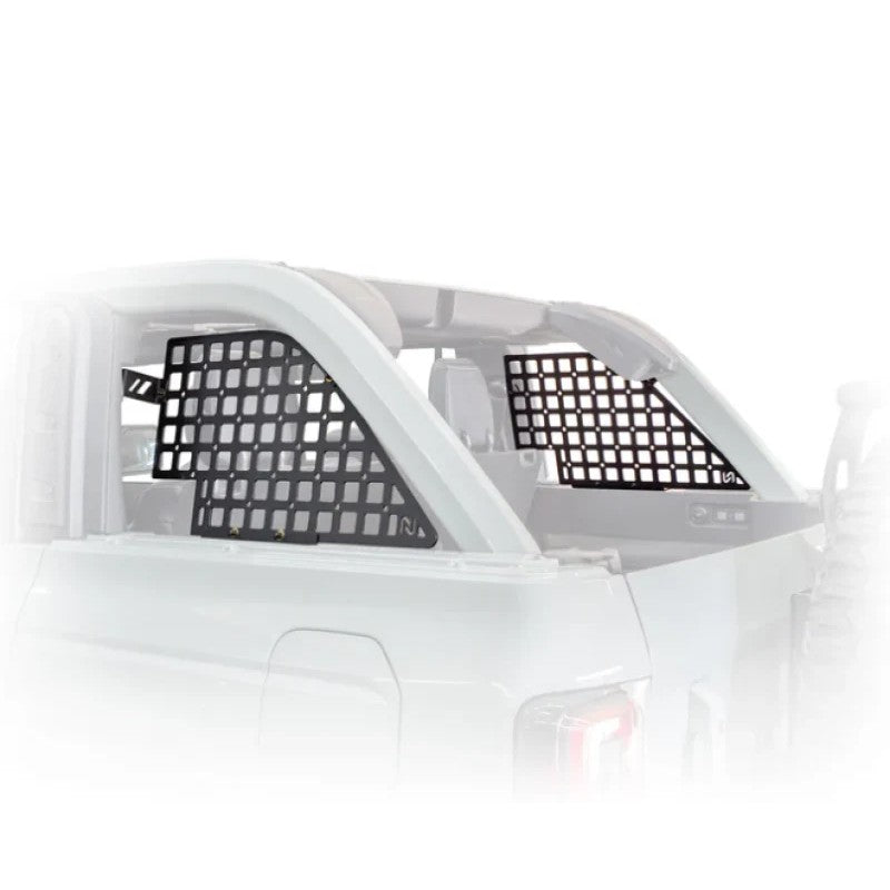 Black textured powder-coated steel rear window MOLLE storage panels for the 2021-2024 Ford Bronco.