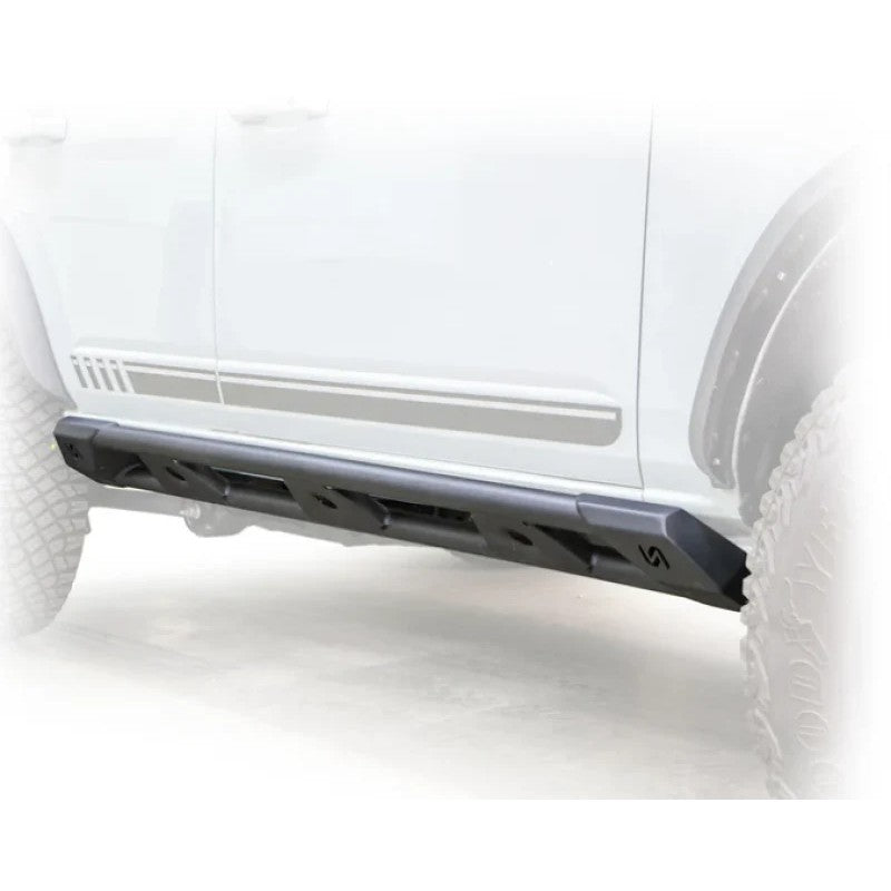 Turn Offroad RS1-M4 heavy-duty black rock sliders installed on a 2021+ Ford Bronco
