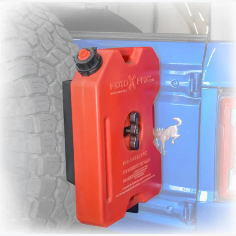 Turn Offroad black steel Rotopax fuel pack mount designed for 2021-2024 Ford Bronco tailgate installation.