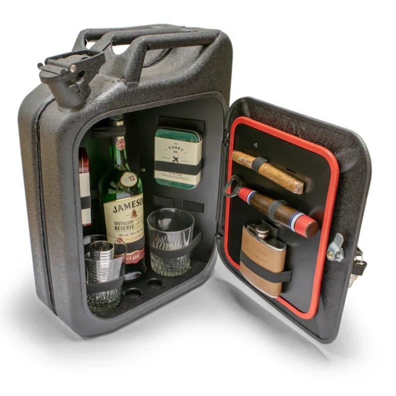 Turn Offroad Jerry Can Mini Bar JCMB-01 showing the hinged door and internal shelving for bottle storage.
