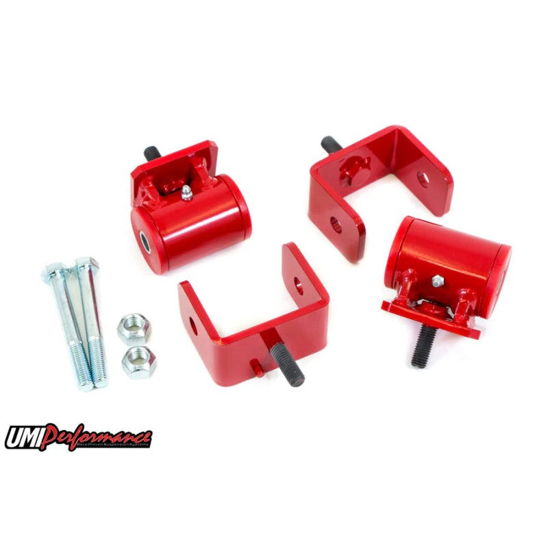 Red powder coated UMI Performance polyurethane engine mount with 1/4 inch steel bracket for 2004-2007 Cadillac CTS-V