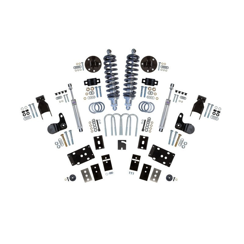 UMI Performance Ford F-150 lowering kit featuring Viking adjustable shocks, red coilover springs, and rear flip kit hardware