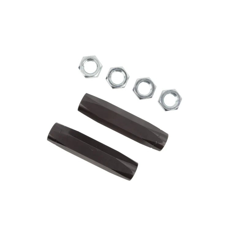 A pair of black powder-coated solid hex tie rod adjusters by UMI Performance for 1964-1992 GM vehicles.