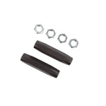 A pair of black powder-coated solid hex tie rod adjusters by UMI Performance for 1964-1992 GM vehicles.