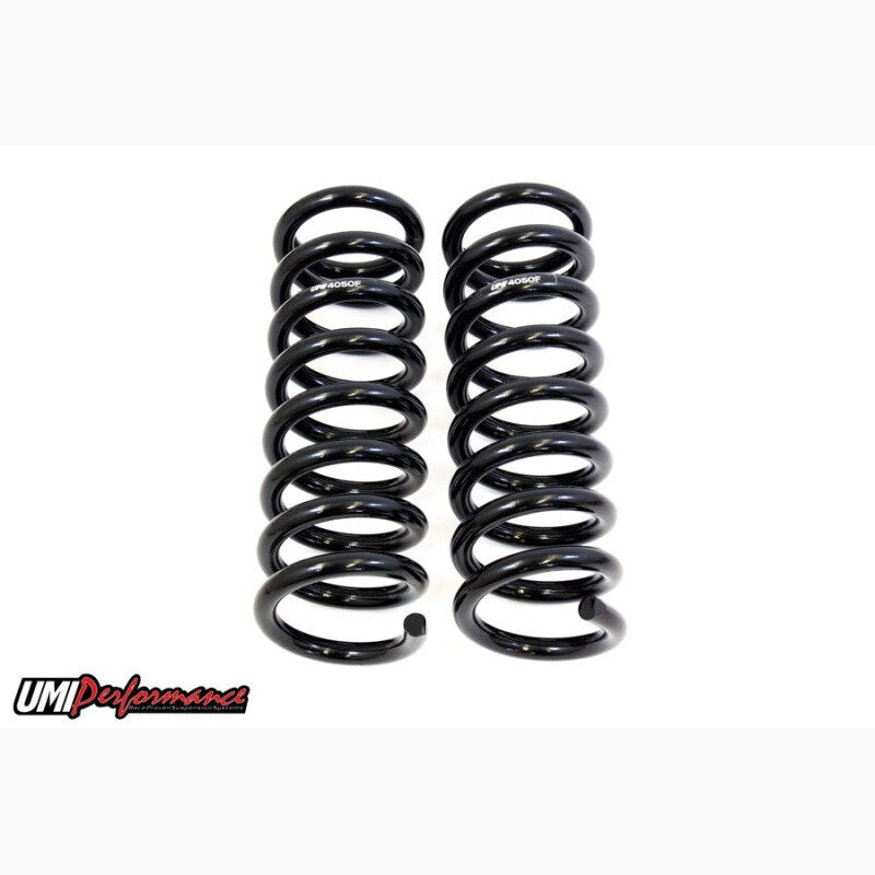 UMI Performance 4050F black powder-coated front lowering springs for 1967-1972 GM A-Body vehicles.