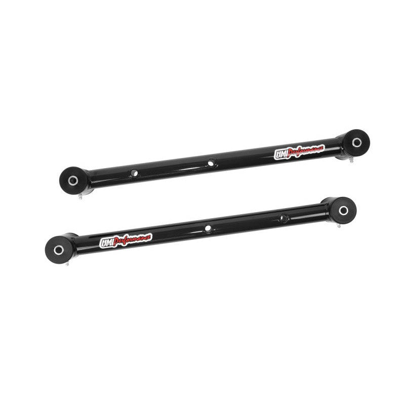 Black powder coated tubular rear lower control arms with greaseable polyurethane bushings and zerk fittings.