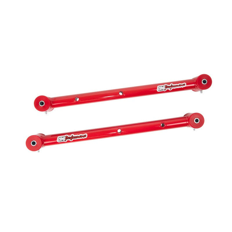 Tubular rear lower control arms for 1964-1972 GM A-Body featuring polyurethane bushings and powder coat finish.