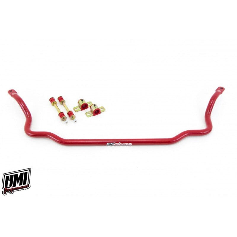 Red 1-1/4 inch solid 4140 Chromoly steel front sway bar with polyurethane bushings and endlinks.
