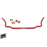 Red 1-1/4 inch solid 4140 Chromoly steel front sway bar with polyurethane bushings and endlinks.
