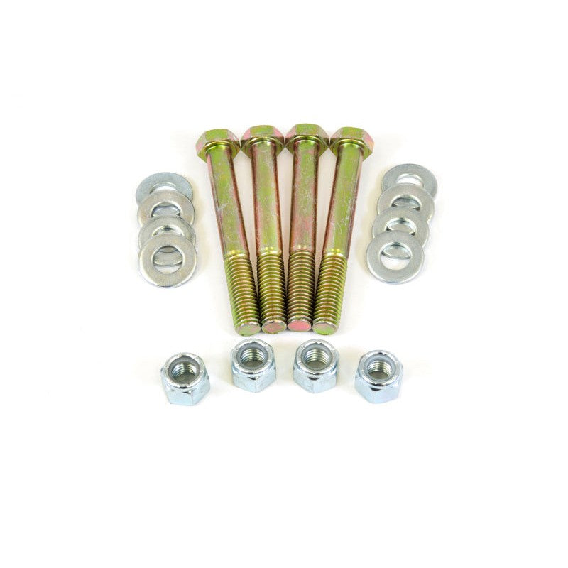 UMI Performance 4001 Rear Control Arm Bolt Kit featuring four zinc-plated Grade 8 bolts, lock nuts, and washers.
