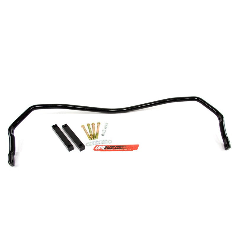 UMI Performance 1-inch solid black steel rear sway bar for 1965-1970 Chevy B-Body with Grade 8 mounting hardware.