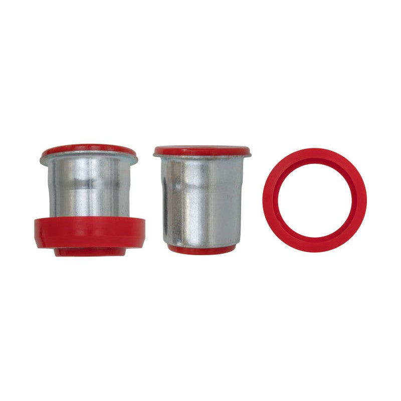 Red UMI Performance polyurethane rear end housing bushings with steel sleeves and washers for 1965-1988 GM vehicles.