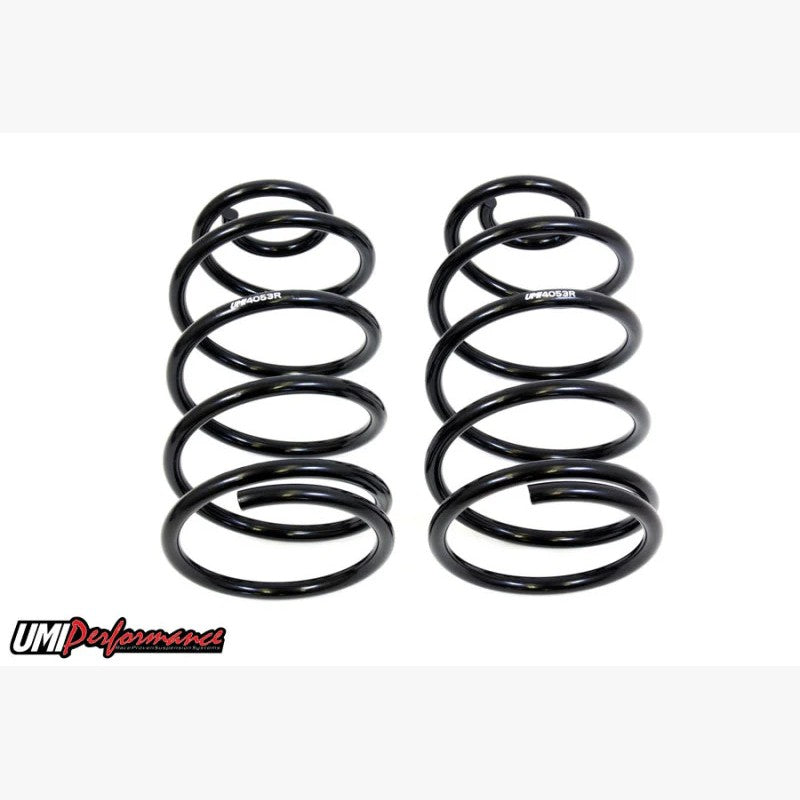 Pair of UMI Performance black powder-coated rear coil springs for 1967-1972 GM A-Body vehicles.