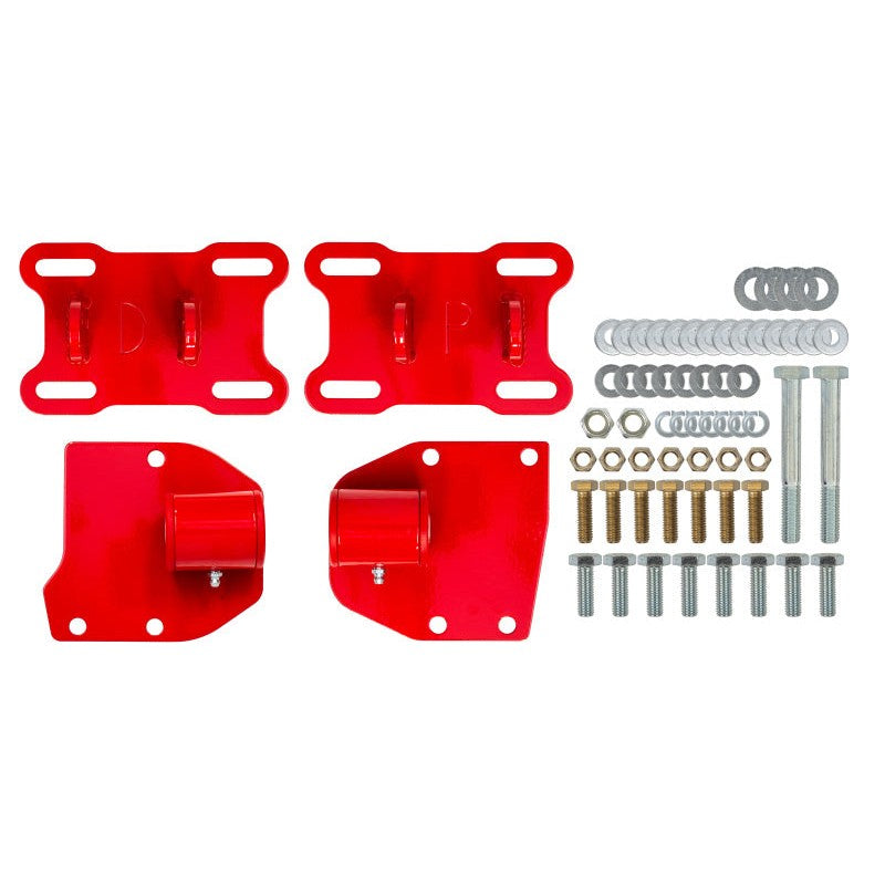 UMI Performance 4008-R LS engine swap motor mount kit with black steel brackets and red polyurethane bushings.