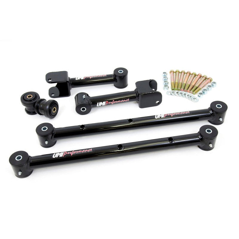 UMI Performance black tubular rear upper and lower control arm kit with polyurethane bushings and Grade 8 hardware.