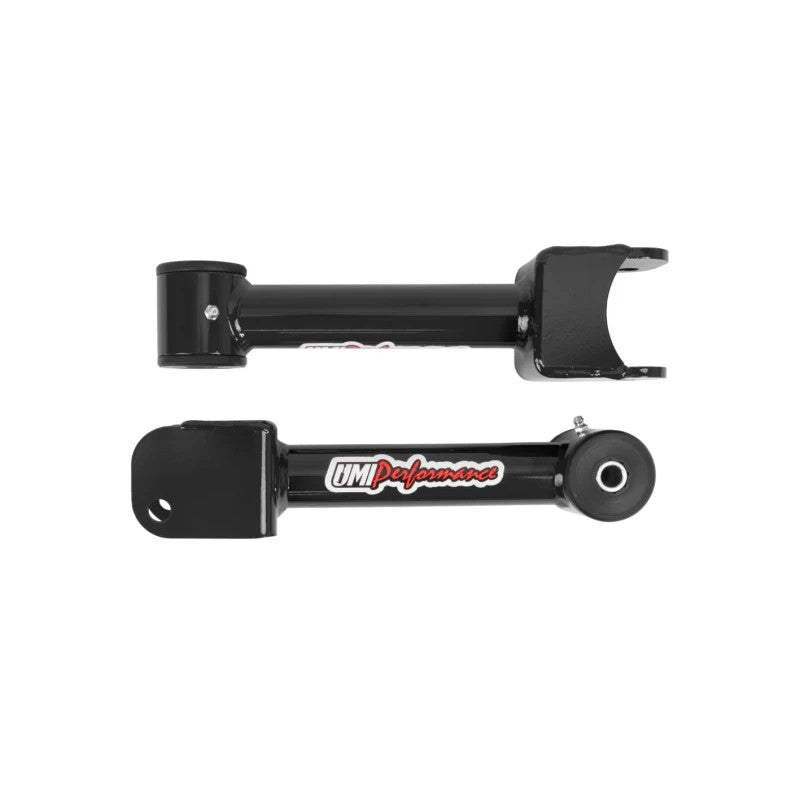 Black powder-coated tubular rear upper control arms with polyurethane bushings for 1968-1972 GM A-Body vehicles.