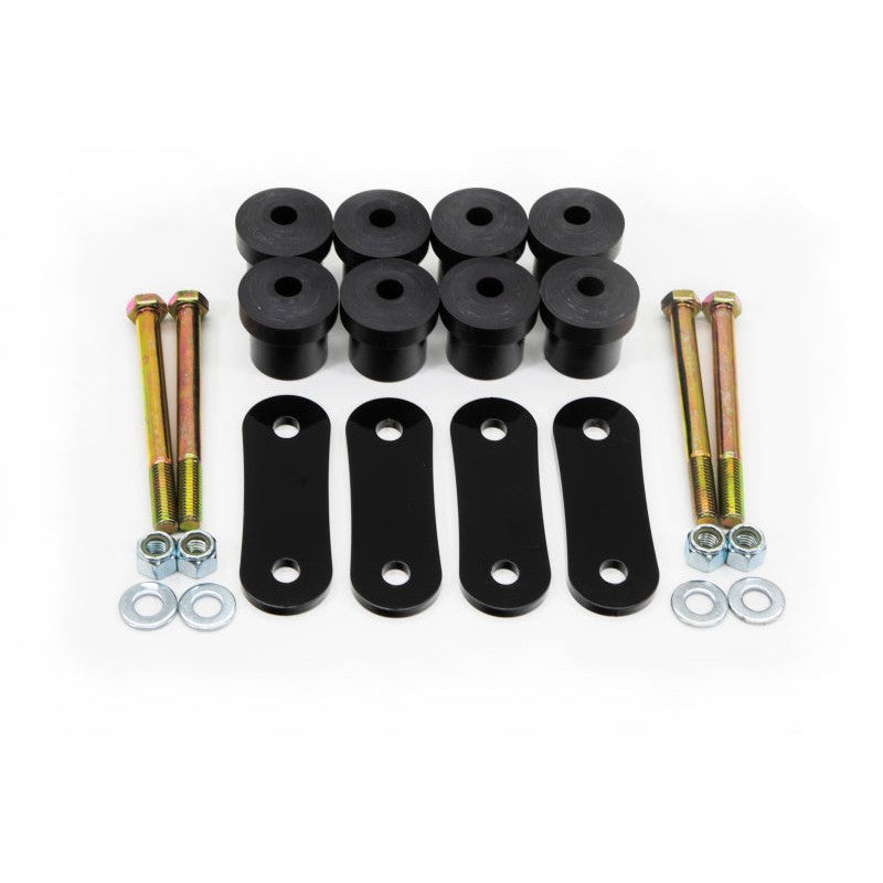 UMI Performance 2625 leaf spring shackle kit featuring laser-cut steel plates, polyurethane bushings, and Grade 8 bolts.