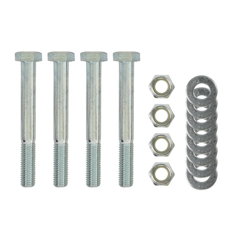 UMI Performance 3001 Rear Control Arm Bolt Kit featuring four zinc-plated 12mm 10.9 grade bolts, nylon nuts, and washers.
