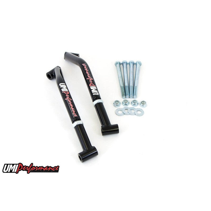 UMI Performance 3028-B black TIG-welded tubular DOM steel rear control arm reinforcements for 1978-1988 GM G-Body.