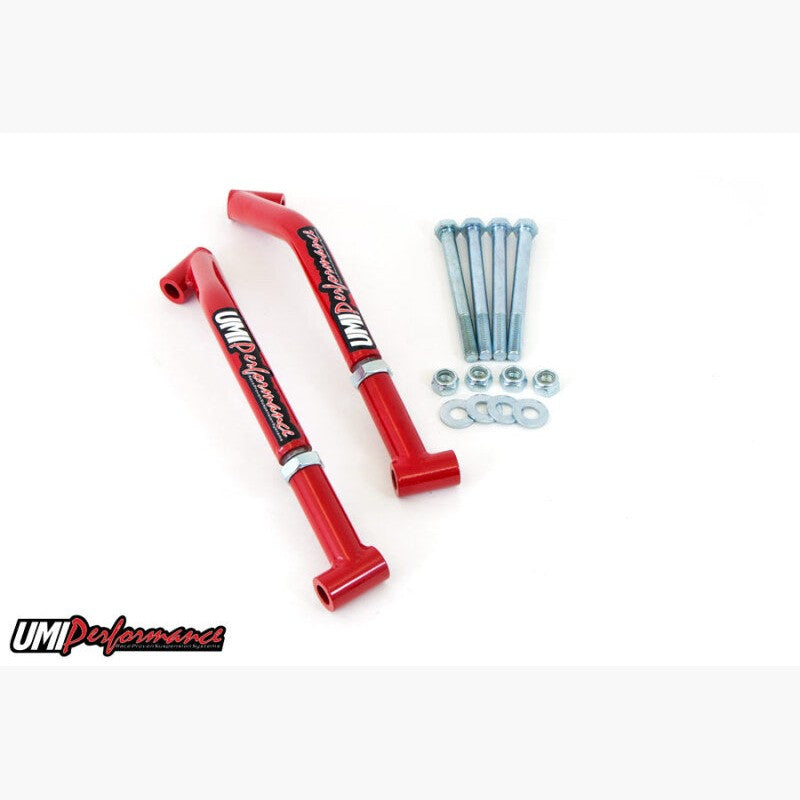 UMI Performance 3028-R tubular DOM steel control arm reinforcements and frame braces with Grade 8 mounting hardware.