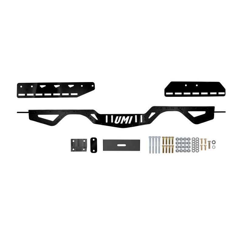 Black powder coated UMI Performance modular adjustable transmission crossmember for 1978-1988 GM G-Body vehicles.