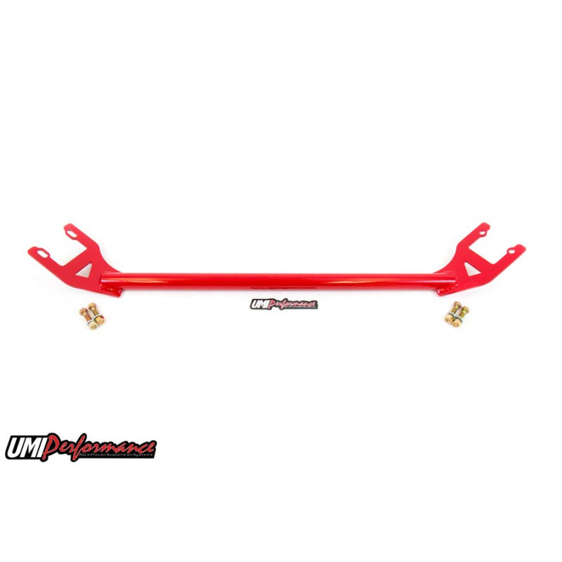 UMI Performance 3055-R rear shock tower brace featuring MIG welded steel tubing and laser-cut brackets for GM G-Body.
