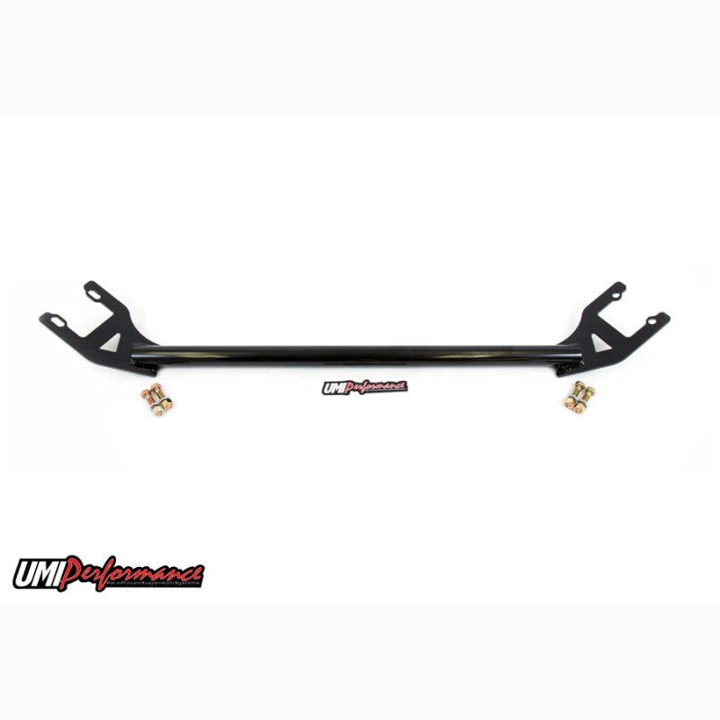 Black powder-coated 1.25-inch steel rear shock tower brace for 1978-1988 GM G-Body with mounting hardware.