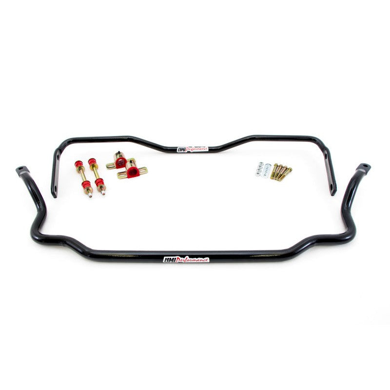 UMI Performance 1.25 inch front and 1 inch rear solid chromoly sway bar kit with greaseable bushings and mounting hardware.