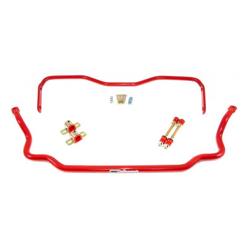 Bright red UMI Performance solid front and rear sway bars with greaseable bushings and Grade 8 mounting hardware.