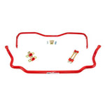 Bright red UMI Performance solid front and rear sway bars with greaseable bushings and Grade 8 mounting hardware.