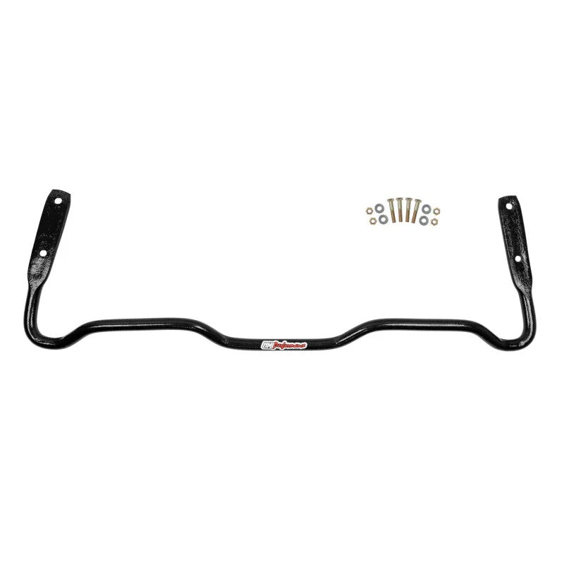Black UMI Performance 1.125 inch solid rear sway bar with mounting hardware for 1977-1996 GM B-Body vehicles.