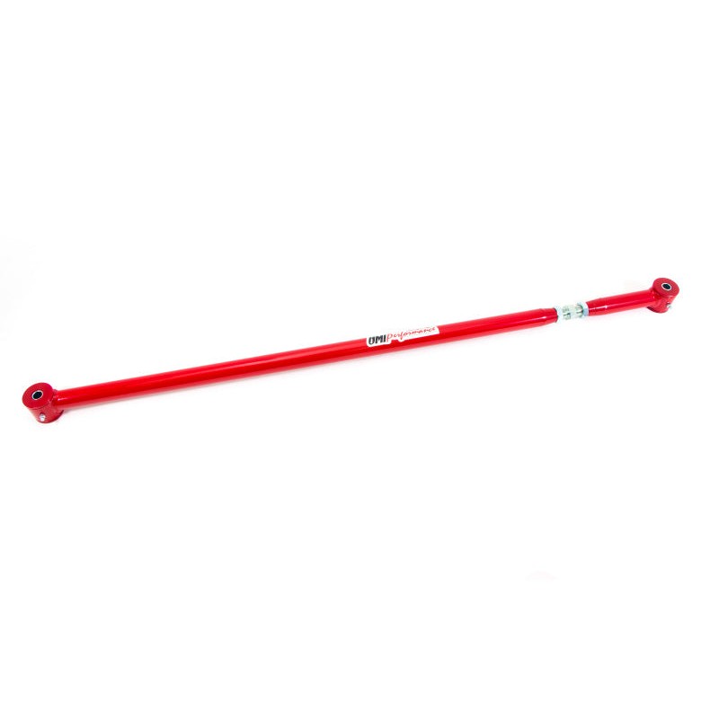 UMI Performance 2029-R powder coated tubular steel on-car adjustable panhard bar with polyurethane bushings.