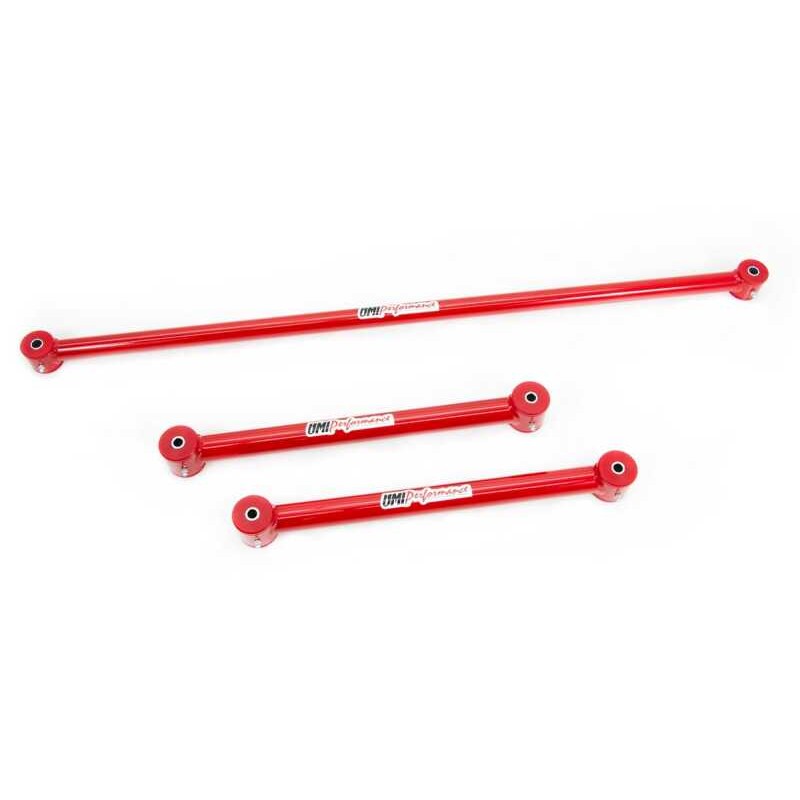 UMI Performance red tubular lower control arms and non-adjustable panhard bar for 1982-2002 GM F-Body.