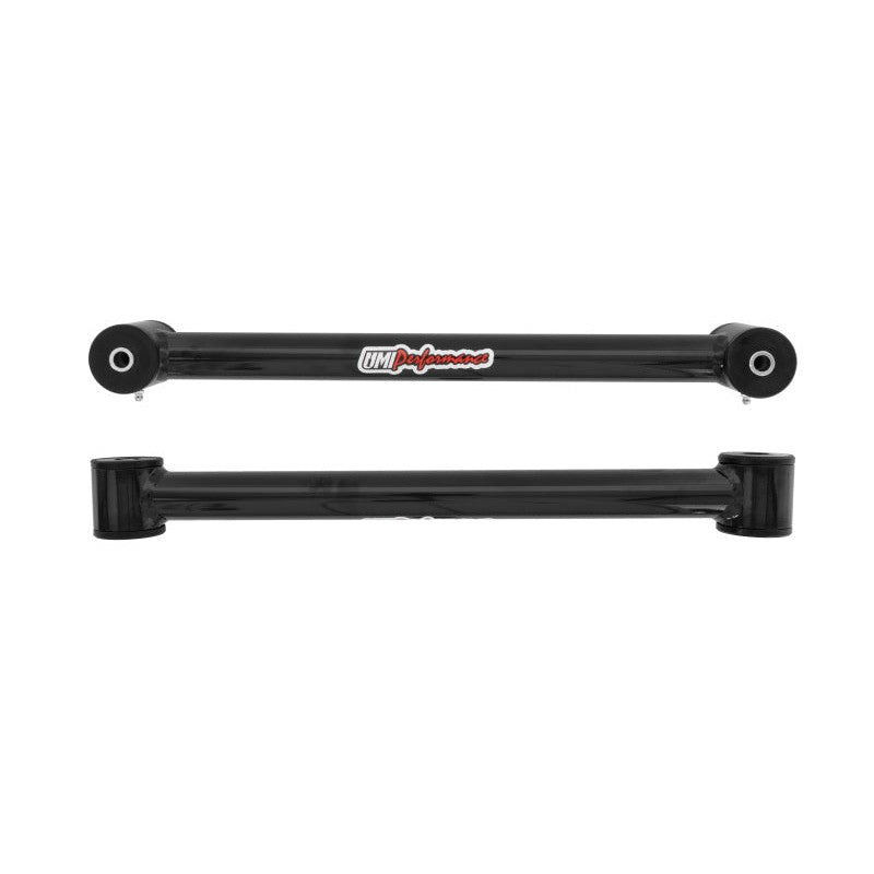 Black powder coated 1.5-inch tubular lower control arms for 1982-2002 GM F-Body with polyurethane bushings.
