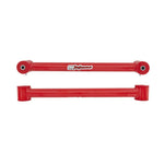Pair of red tubular steel rear lower control arms with polyurethane bushings for 1982-2002 Chevrolet Camaro and Pontiac Firebird.