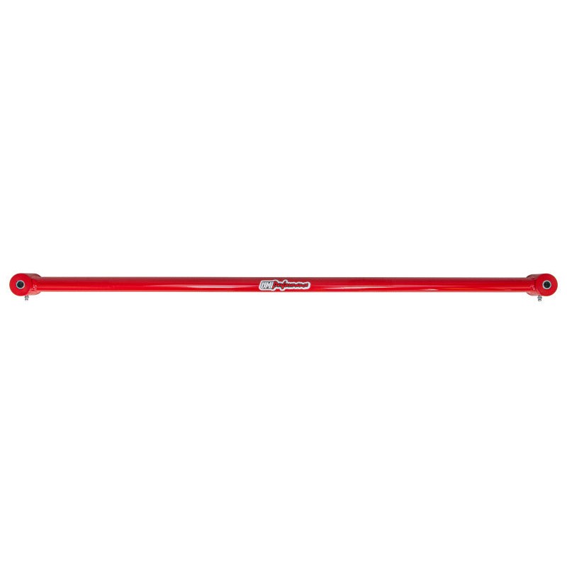 Red powder coated tubular DOM steel non-adjustable panhard bar with polyurethane bushings for 1982-2002 GM F-Body.