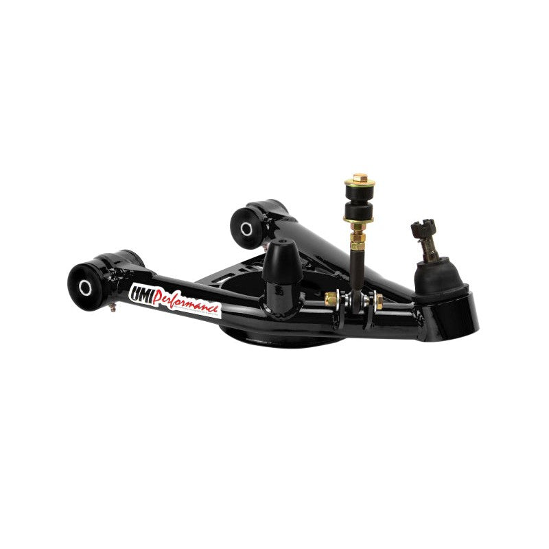 Black UMI Performance tubular front lower A-arms with polyurethane bushings and premium ball joints.