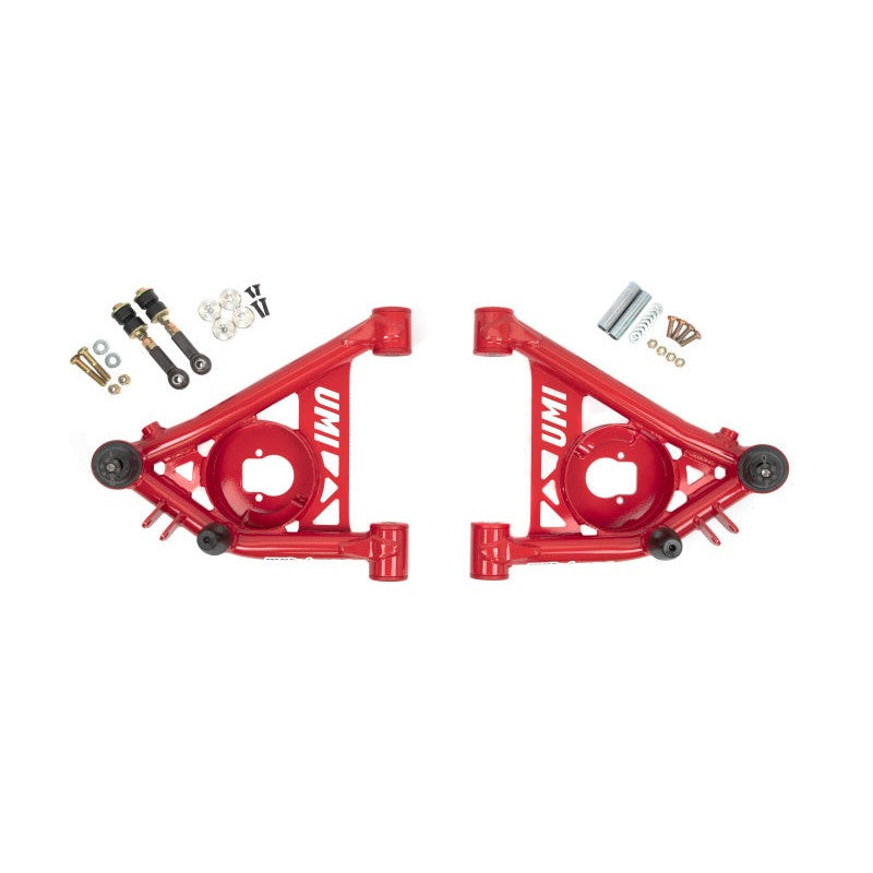 UMI Performance red tubular front lower A-arms with polyurethane bushings and pre-installed ball joints