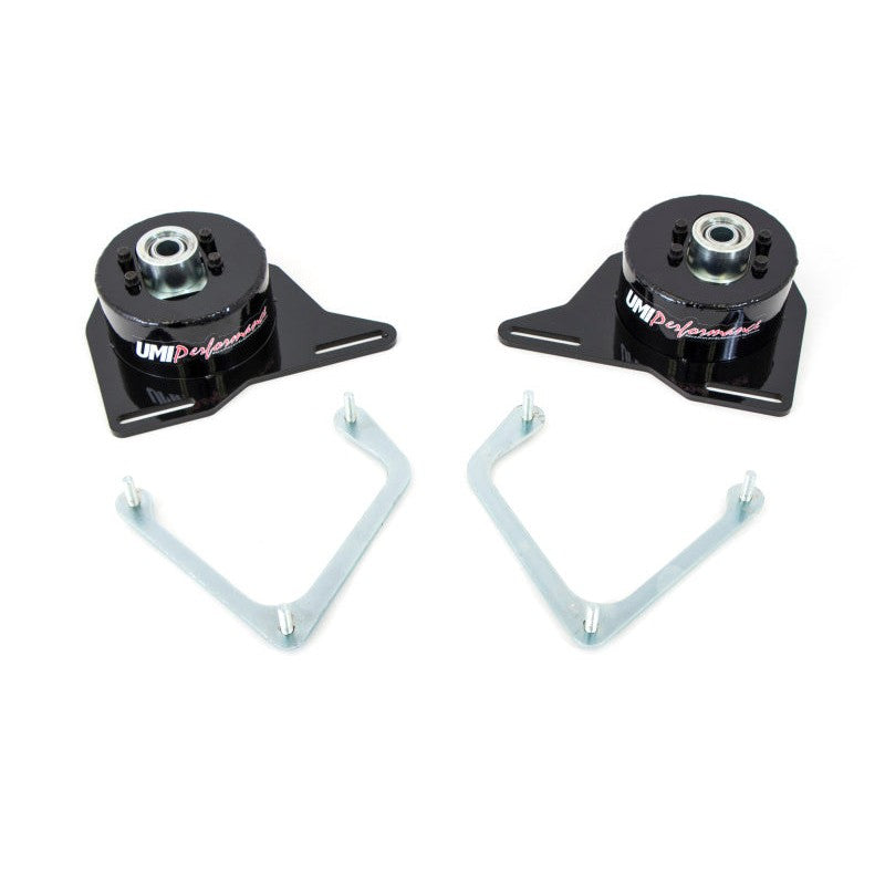 UMI Performance 1982-1992 GM F-Body spherical caster camber plates featuring TIG-welded steel and chromoly bearings
