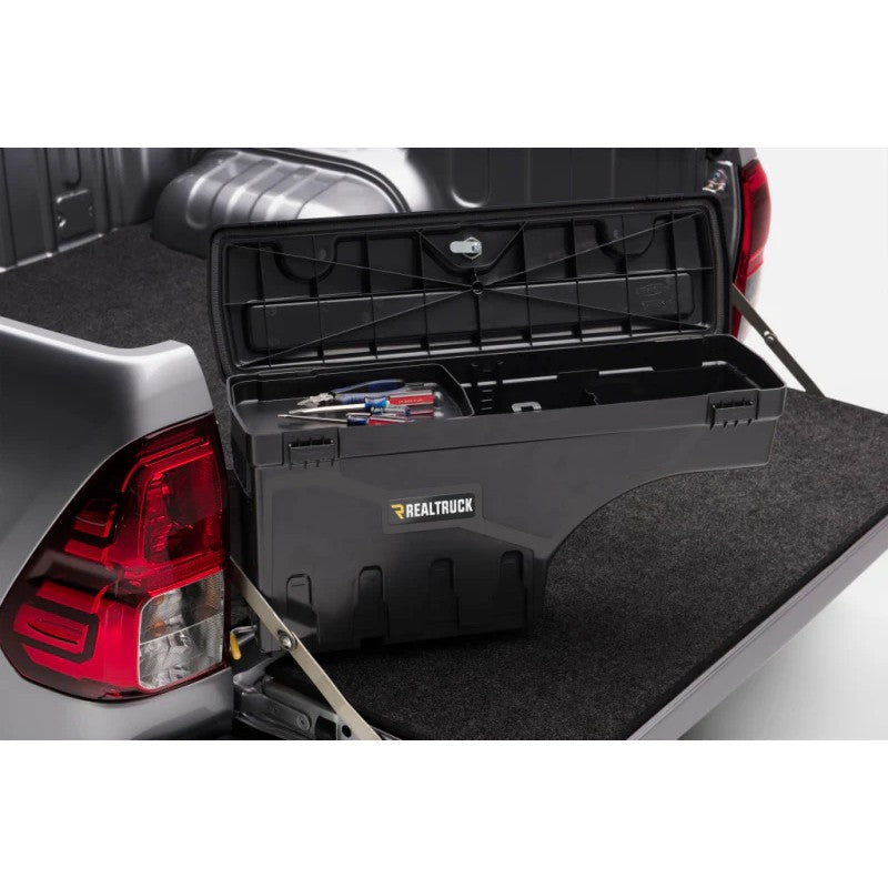 Black smooth ABS plastic UnderCover SwingCase driver side storage box for Toyota Tundra.