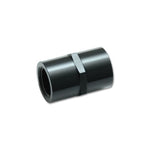 Black anodized 6061 aluminum 1/2 inch NPT female to female pipe coupler fitting.