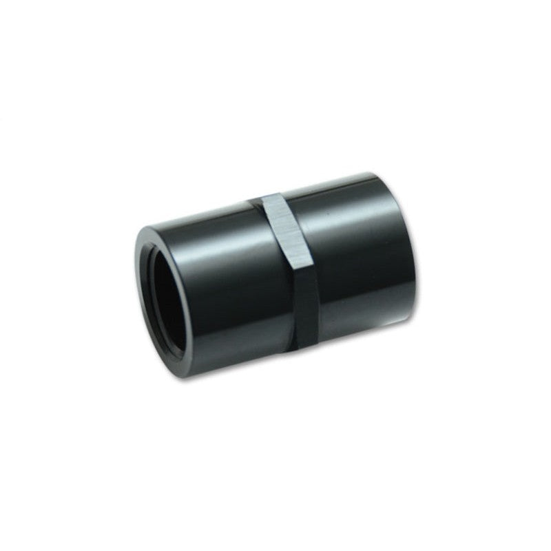 Black anodized 6061 aluminum 1/2 inch NPT female to female pipe coupler fitting.