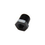 Black anodized 6061 aluminum pipe reducer adapter, 1/4 inch NPT female to 1/2 inch NPT male, MPN 10854.