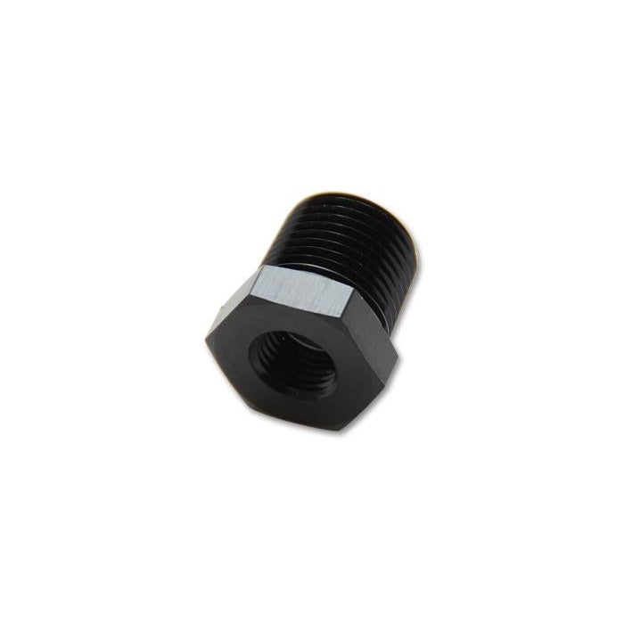Black anodized 6061 aluminum pipe reducer adapter, 1/4 inch NPT female to 1/2 inch NPT male, MPN 10854.