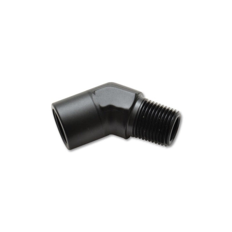 Black anodized 6061 aluminum 45-degree 1/4 inch NPT female to male pipe adapter fitting
